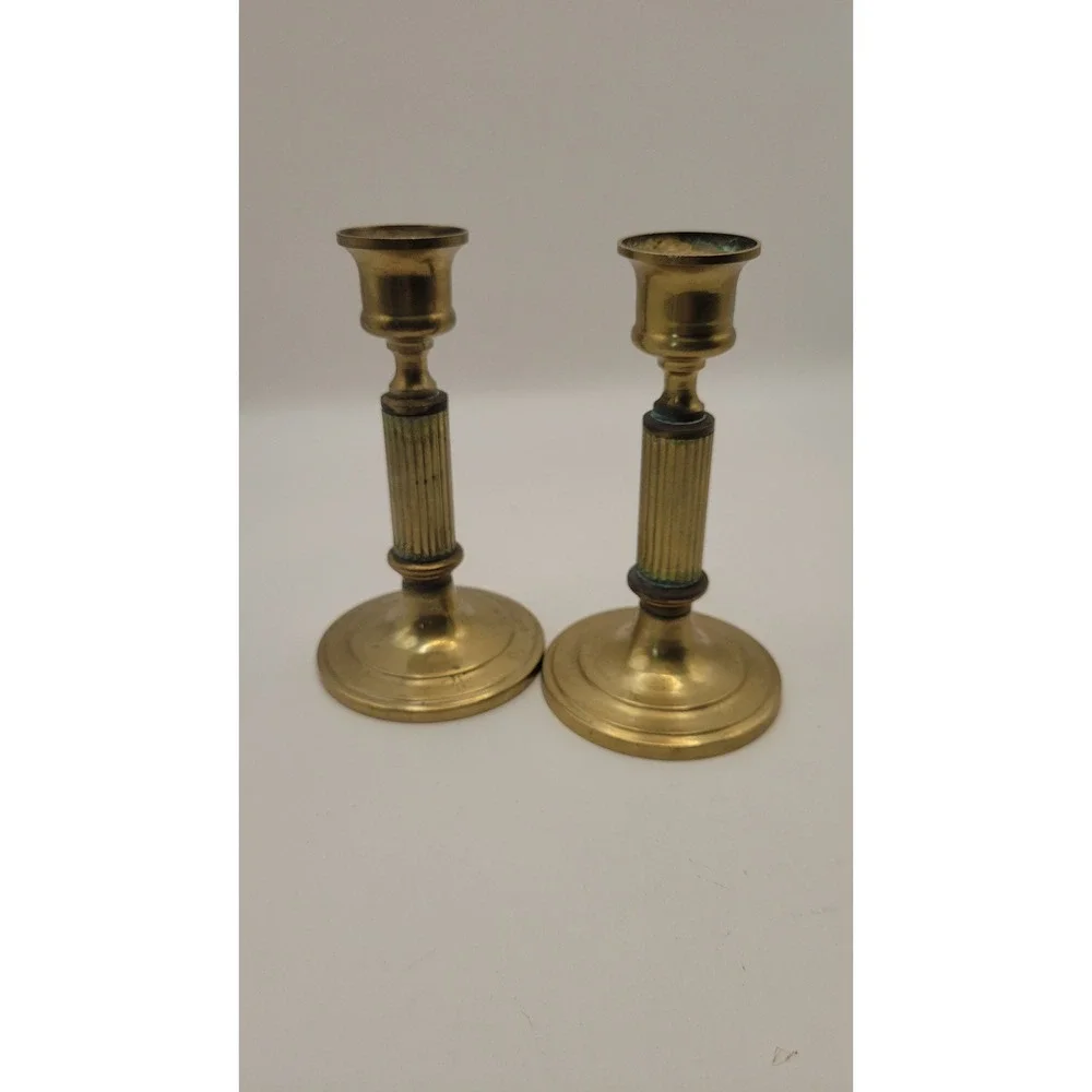 Vintage Solid Brass Ribbed Column Candlestick Holders Mid Century Pair 14.3 oz